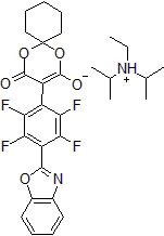 Picture of 3-(4-Benzooxazol-2-yl-2,3,5,6-tetrafluoro-phenyl)-1,5-dioxa-spiro[5.5]undecane-2,4-dione diisopropyl ethyl ammonium salt, 97%